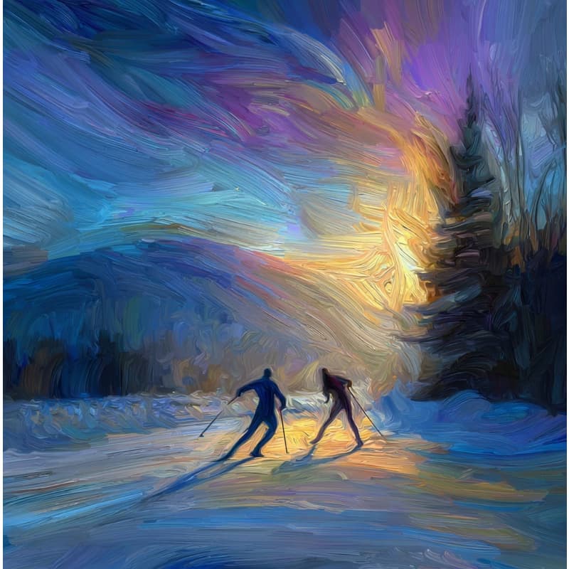 Two skiers on a snowy path with a colorful, abstract sky