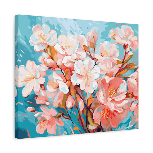 Cherry Blossom Whispers Paint By Numbers painting featuring delicate pink cherry blossoms on a soft blue background, ideal for spring decor and floral art lovers in Canada shown in a frame.