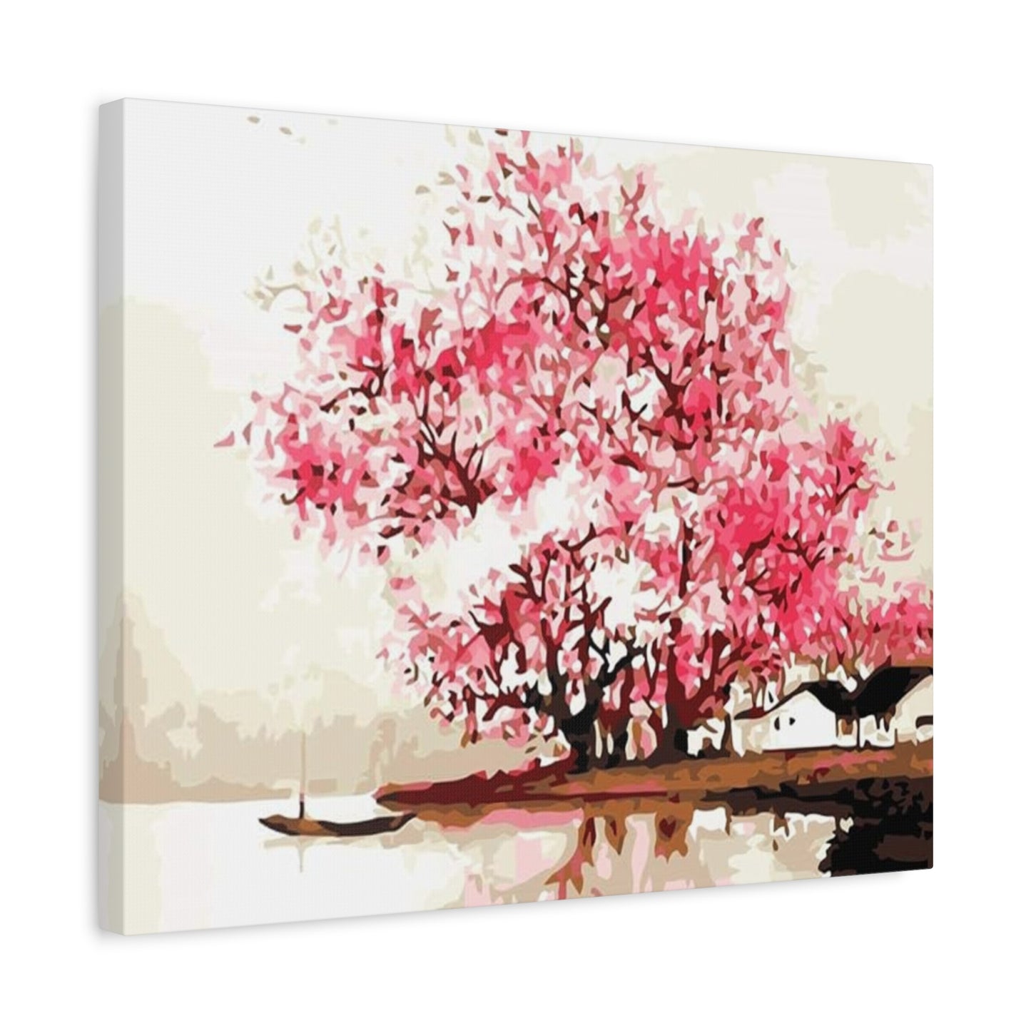 Cherry Blossoms Paint By Numbers Kit featuring soft pink cherry blossom trees in bloom, evoking a calm and dreamy spring atmosphere shown in a frmae