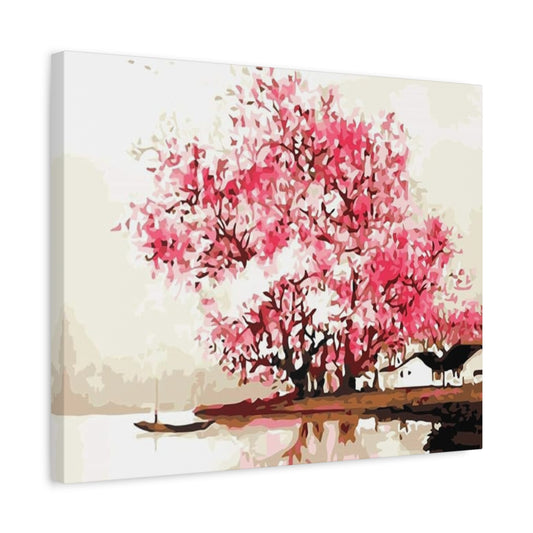 Cherry Blossoms Paint By Numbers Kit featuring soft pink cherry blossom trees in bloom, evoking a calm and dreamy spring atmosphere shown in a frmae