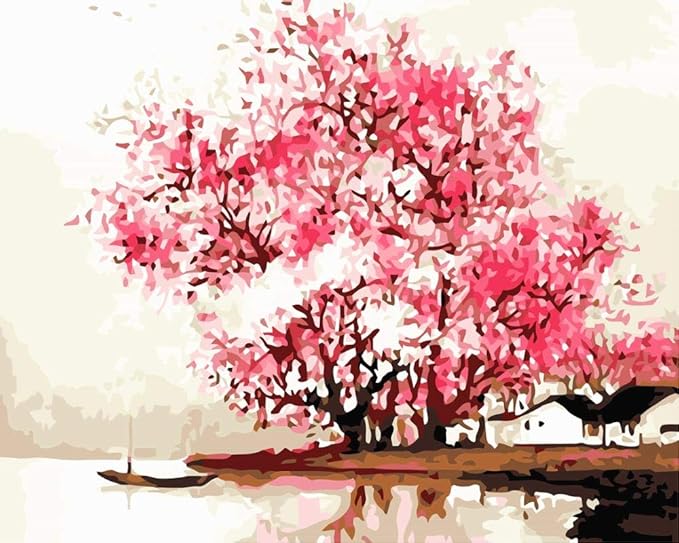 Cherry Blossoms Paint By Numbers Kit featuring soft pink cherry blossom trees in bloom, evoking a calm and dreamy spring atmosphere