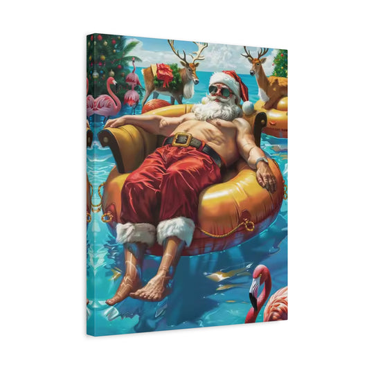 Chilling Santa Diamond Painting Kit showing Santa relaxing shirtless on an inflatable float in tropical waters, surrounded by reindeer, flamingos, and palm trees decorated for Christmas shown in a frame