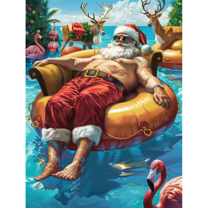 Chilling Santa Diamond Painting Kit showing Santa relaxing shirtless on an inflatable float in tropical waters, surrounded by reindeer, flamingos, and palm trees decorated for Christmas