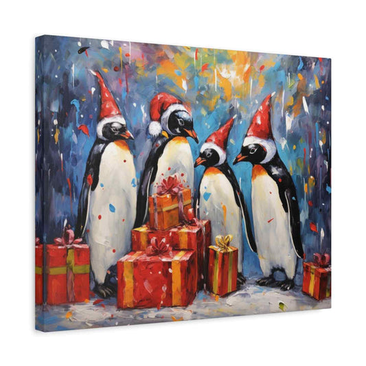 Christmas Penguins Paint By Numbers kit showing four penguins in Santa hats with festive gift boxes and colorful holiday background shown in a frame.
