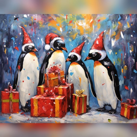 Christmas Penguins Paint By Numbers kit showing four penguins in Santa hats with festive gift boxes and colorful holiday background.