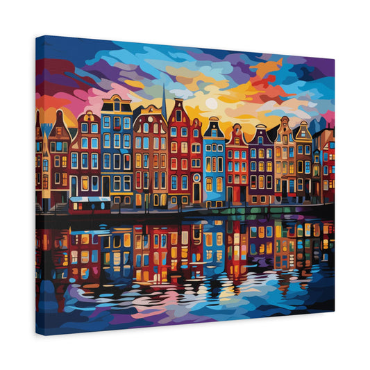 City in Color Paint By Numbers Kit featuring a colorful row of abstract buildings with reflections in water and a dramatic, vivid sunset sky shown in a frame