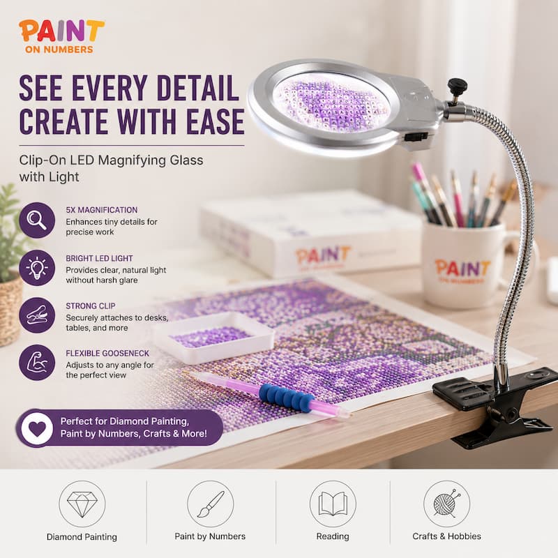 A clip-on LED magnifying glass with light shown in use on a desk, displaying a close-up of purple glitter paint. The ad includes product features, use cases like diamond painting and reading, and a branded 'PAINT ON NUMBERS' logo.
