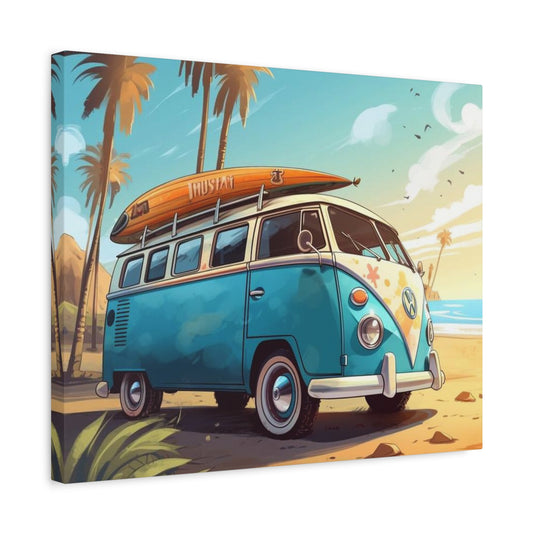 Blue vintage van with surfboard parked near palm trees by the beach – Coastal Adventure Paint By Numbers Kit Canada shown in a frame