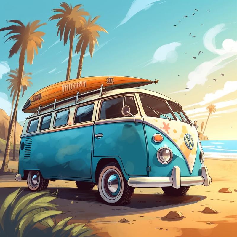 Coastal Adventure Paint By Numbers painting showcasing a vibrant beach scene with a classic Volkswagen van, surfboard, palm trees, and gentle waves.