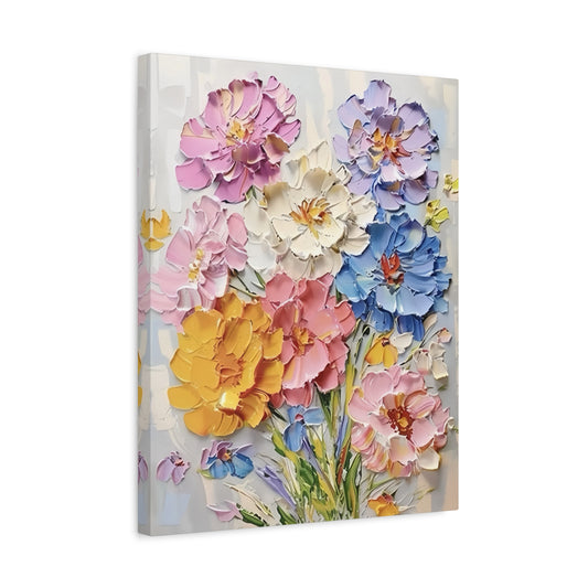 Color Bloom Sonata Paint By Numbers kit featuring bold pink, yellow, white, blue, and purple textured flowers blooming in a lively pastel bouquet, perfect for Canadian artists shown in frame.
