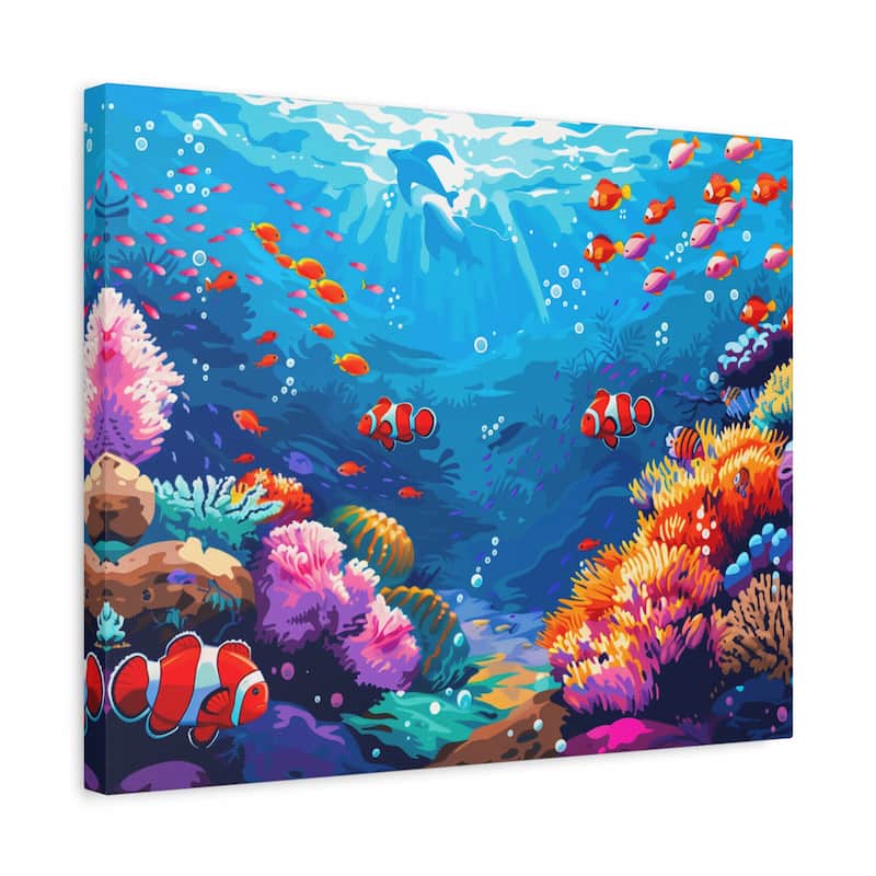 Colorful underwater scene with clownfish and coral on a canvas.