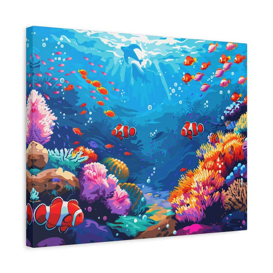 Colorful underwater scene with clownfish and coral on a canvas.