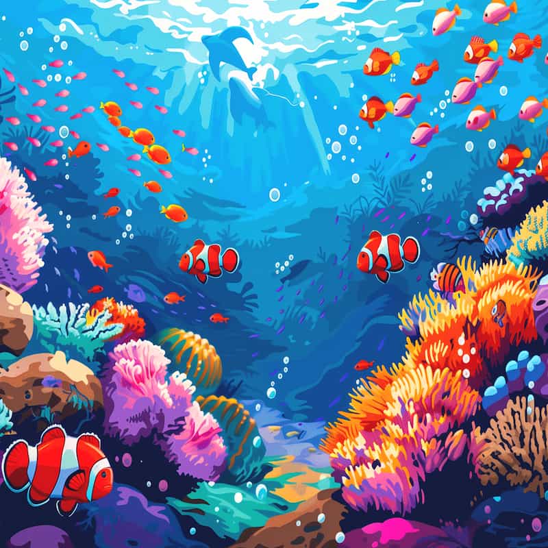 Paint by numbers kit featuring a vibrant underwater coral reef with clownfish, schools of tropical fish, pink and orange coral, and sunlight streaming through blue ocean water.