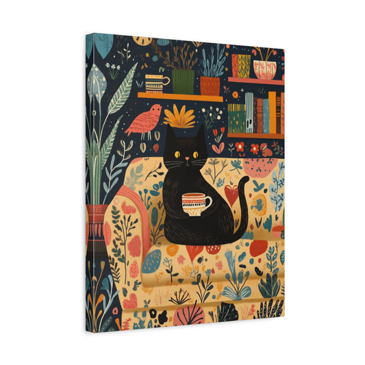 Cozy Whiskers Paint By Numbers Kit showing a black cat holding a tea cup on a sofa in a cozy abstract setting shown in a frame