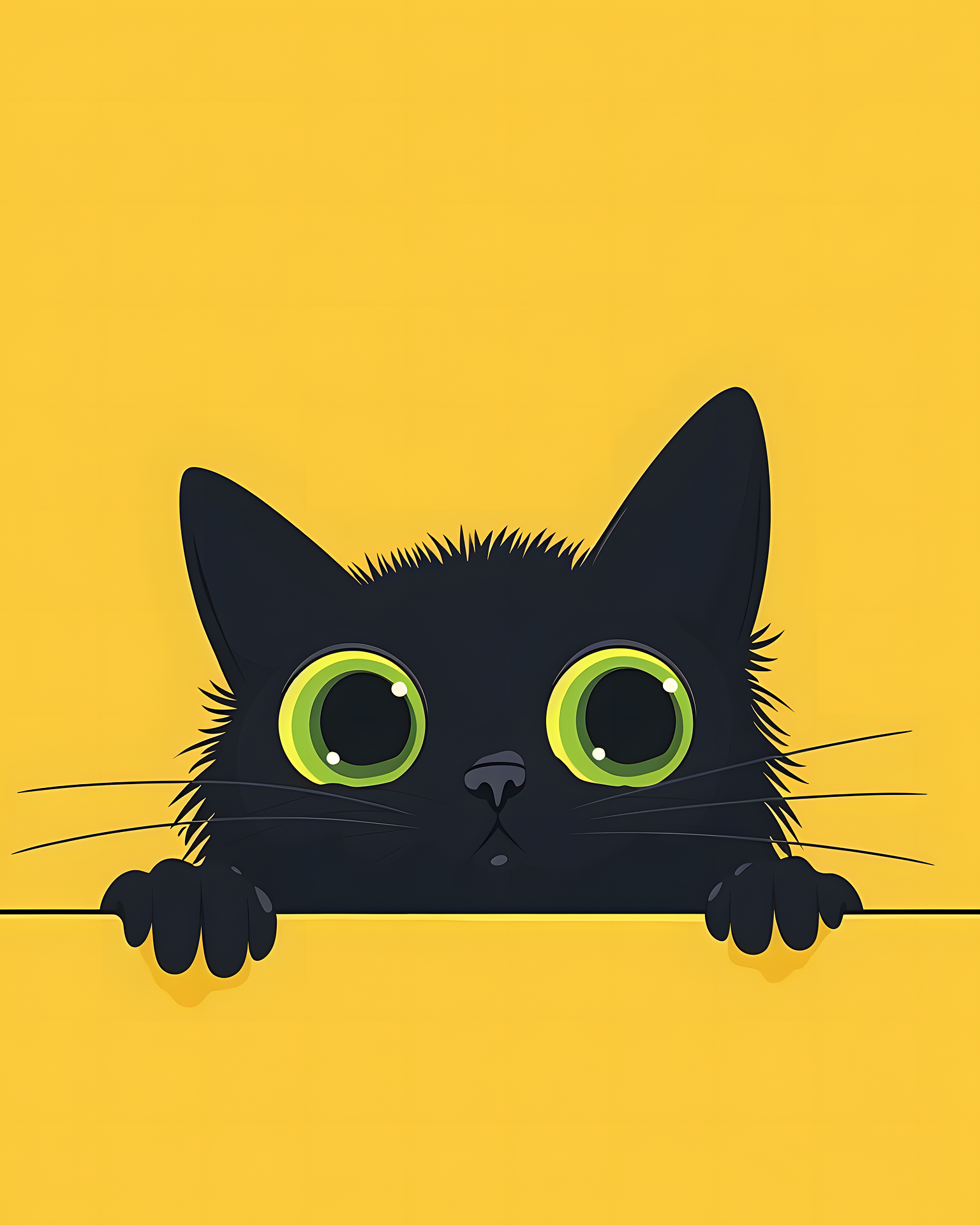 Minimalistic black cat peeking over a ledge with bright green eyes on a yellow background, designed for Canadian Paint By Numbers enthusiasts.