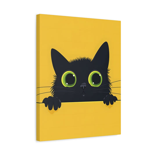 Minimalistic black cat peeking over a ledge with bright green eyes on a yellow background, designed for Canadian Paint By Numbers enthusiasts shown in a frame