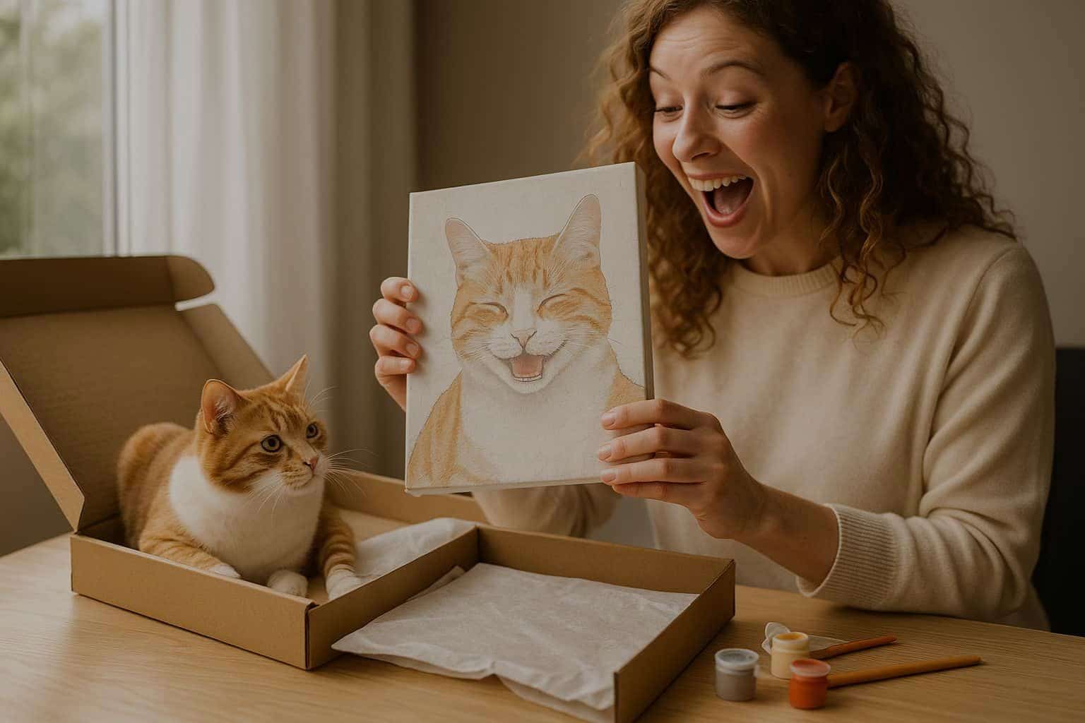 A woman holding a custom paint by numbers painting of a cat, with a cat inside a cardboard box on a table.