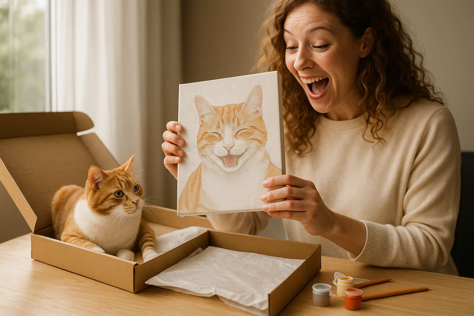 Woman holding a painting of a cat, with a cat inside a cardboard box on a table.