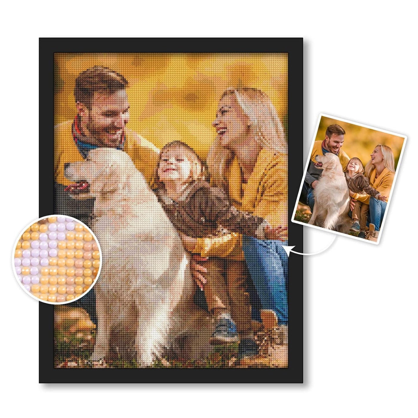 Custom diamond painting of a smiling family with a golden retriever, showing a framed diamond art recreation from their original photo with close-up of diamond raisins.