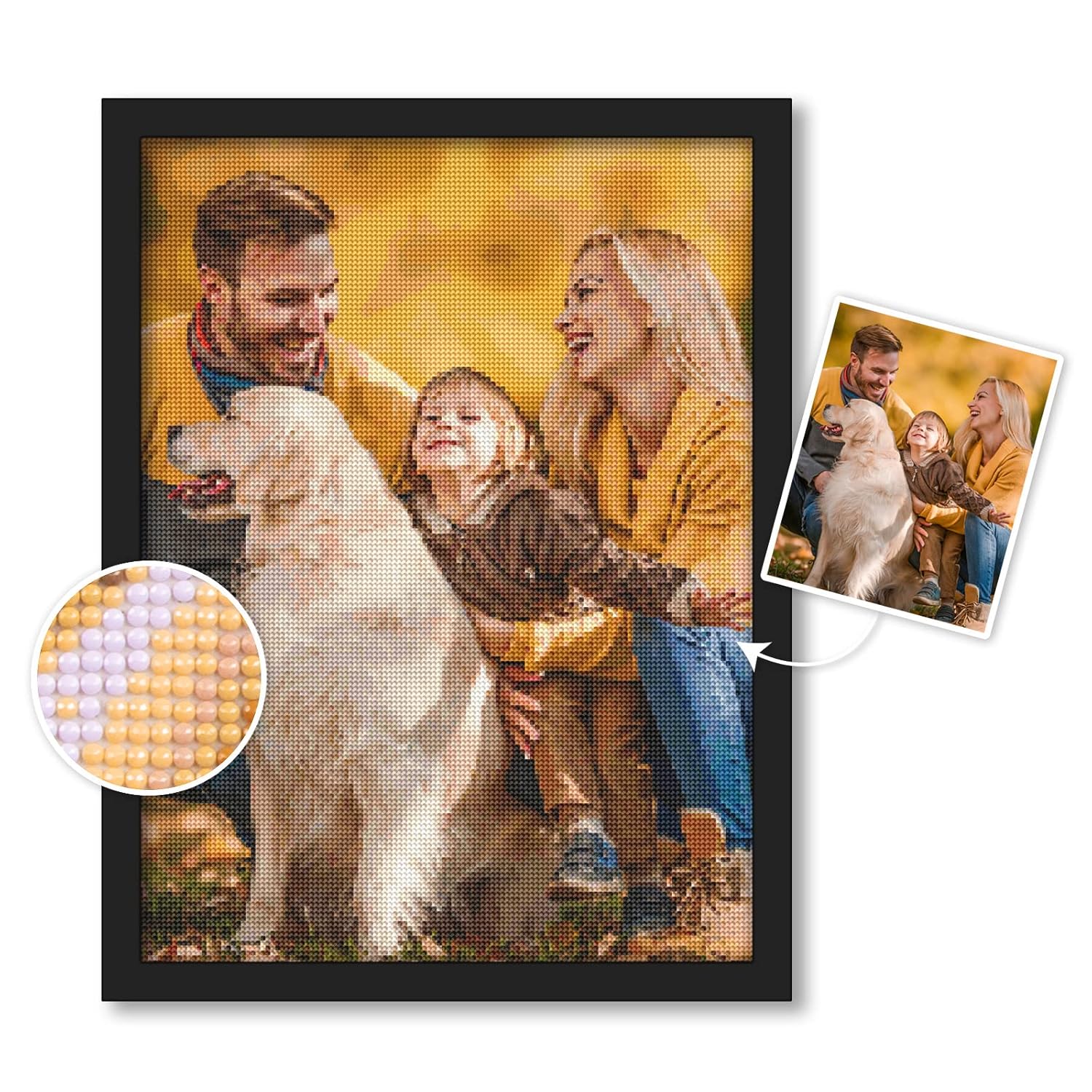 Custom diamond painting of a smiling family with a golden retriever, showing a framed diamond art recreation from their original photo with close-up of diamond raisins.
