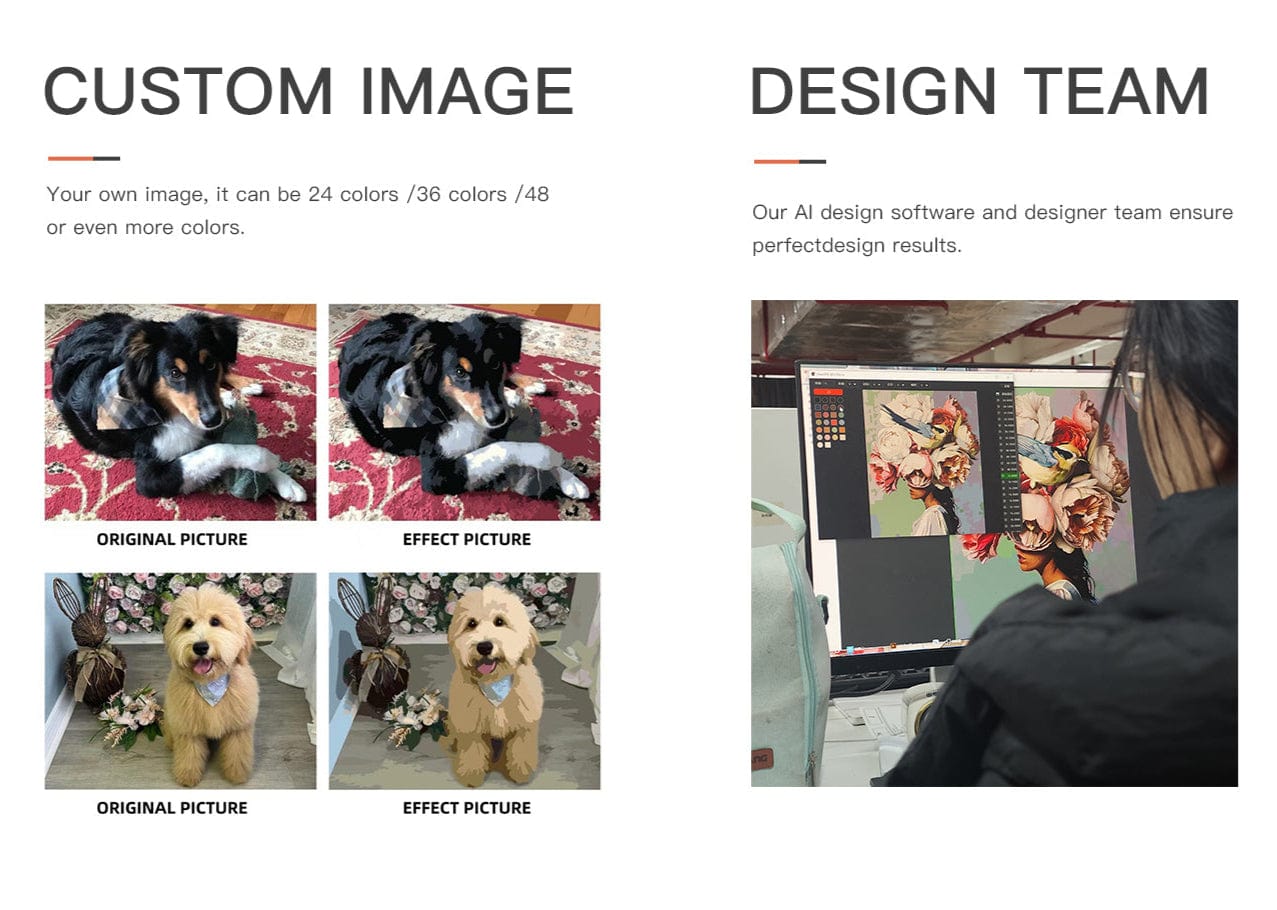 Custom Paint By Numbers kits in Canada showing original pet photos, digital paint effect conversion, and a design team member editing artwork
