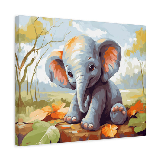 Adorable baby elephant sitting with big floppy ears, surrounded by autumn leaves and soft forest colors in a relaxing paint by numbers art style for adults in Canada shown in a frame. 