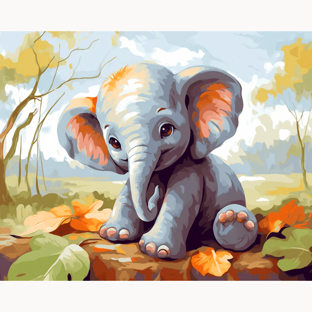 Adorable baby elephant sitting with big floppy ears, surrounded by autumn leaves and soft forest colors in a relaxing paint by numbers art style for adults in Canada.