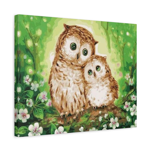 Cute Mother and Son Owl Paint By Numbers Kit featuring a loving cartoon-style owl mom and baby snuggled together in a heartwarming forest setting shown in a frame