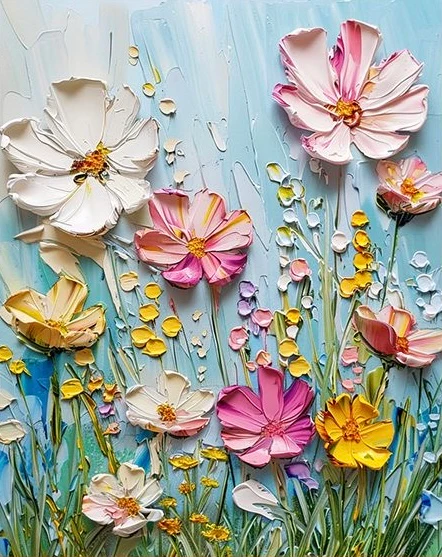 Dancing Daisies 3D Flowers Paint By Numbers painting featuring sculpted pink, yellow, and white daisy-like flowers in a vibrant spring field against a light blue textured background