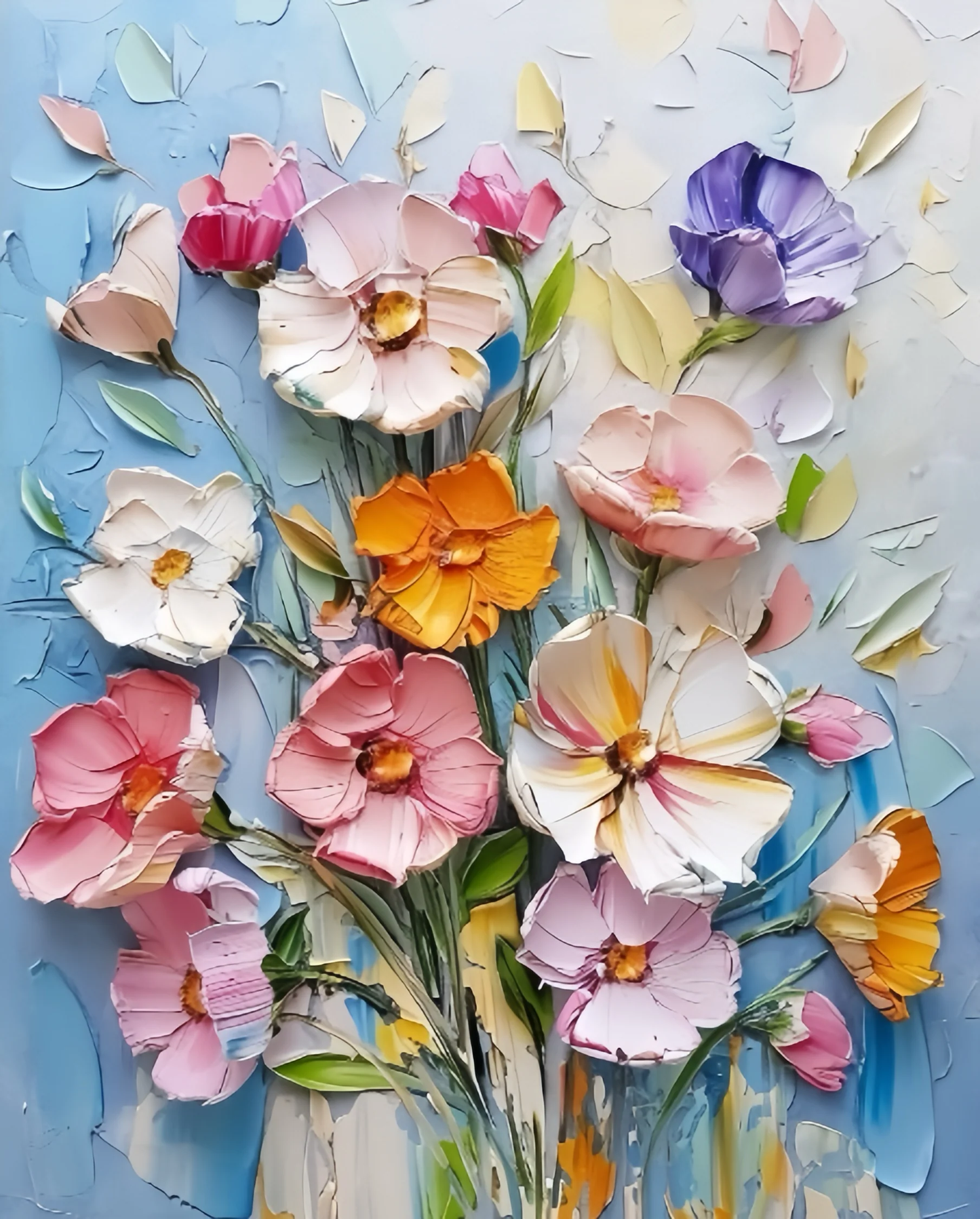 Delicate Petals 3D Flowers Paint By Numbers painting showcasing sculpted pastel flowers in pink, orange, ivory, purple, and yellow tones on a soft blue background.