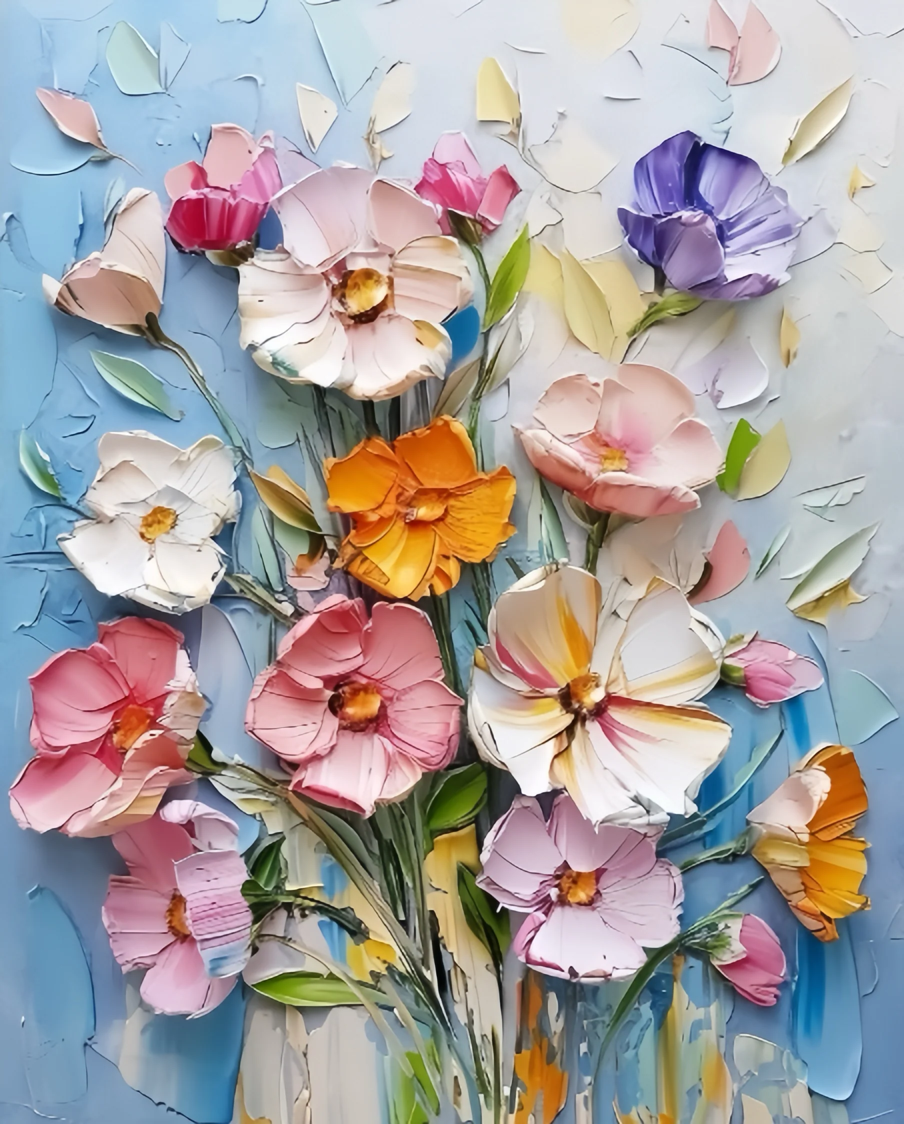 Delicate Petals 3D Flowers Paint By Numbers painting showcasing sculpted pastel flowers in pink, orange, ivory, purple, and yellow tones on a soft blue background.