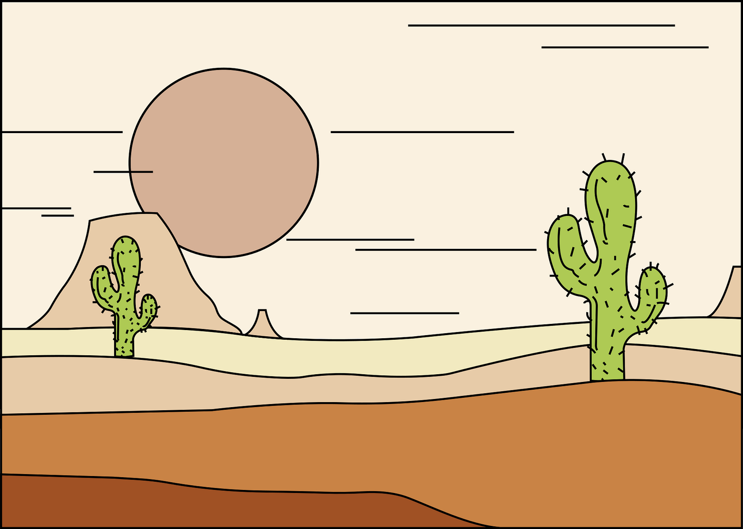 Minimal desert scene with soft earthy tones, two green cacti, a warm sun, and layered hills, designed for Paint By Numbers fans in Canada.