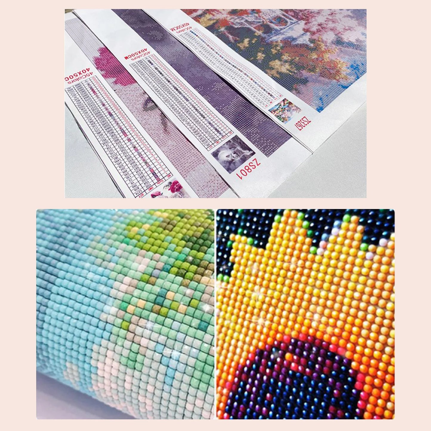 Close-up of diamond painting canvas charts with printed symbols, along with detailed shots of completed square diamond raisins forming a vibrant sunflower and landscape.