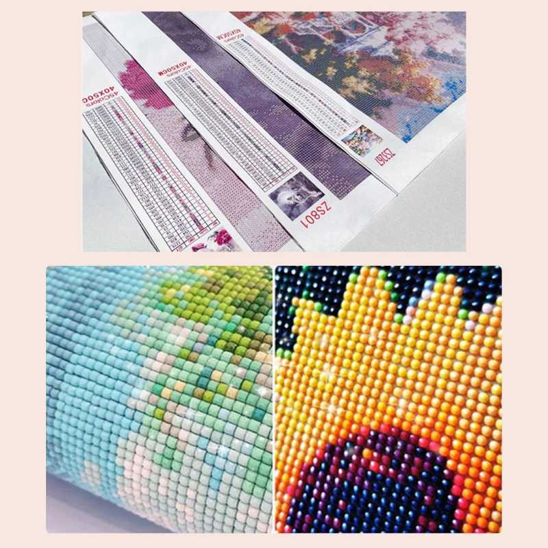 Close-up visuals showcasing the high-quality canvas and vibrant results of completed diamond paintings, including detailed legend keys for precise color placement. Images emphasize clarity and vividness, highlighting the meticulous texture and stunning visual impact achievable with diamond painting kits.