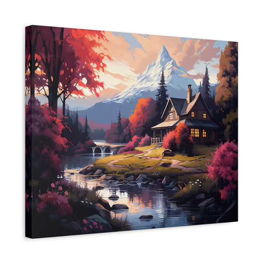 Dreamy Day Diamond Painting Kit featuring a cozy cabin by a river, surrounded by glowing fall trees and a majestic snow-capped mountain in the background shown in a frame