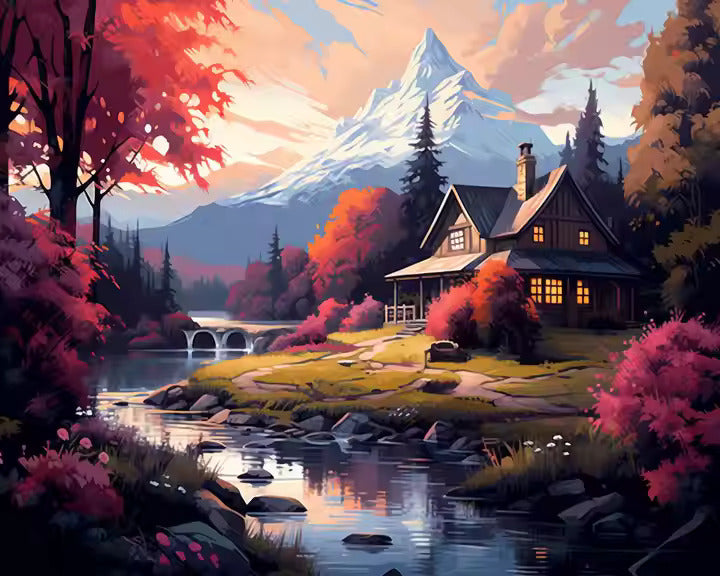 Dreamy Day Diamond Painting Kit featuring a cozy cabin by a river, surrounded by glowing fall trees and a majestic snow-capped mountain in the background