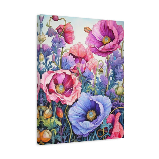 Dreamy Poppies Garden Paint By Numbers kit featuring pink, purple, and blue poppies blooming in a colorful textured 3D floral scene perfect for Canadian painters shown in a frame