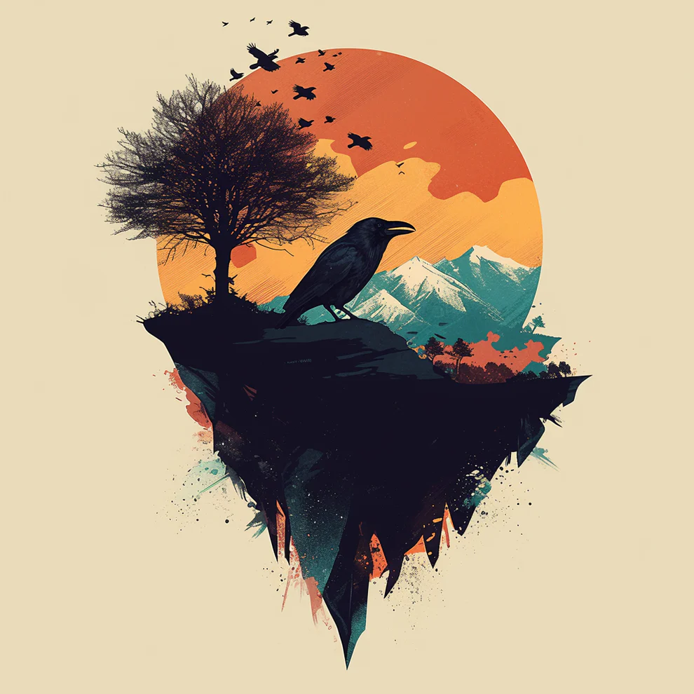 Abstract raven on a floating cliff with sunset mountains and silhouetted tree, captured in surreal paint by numbers style for artistic hobbyists in Canada
