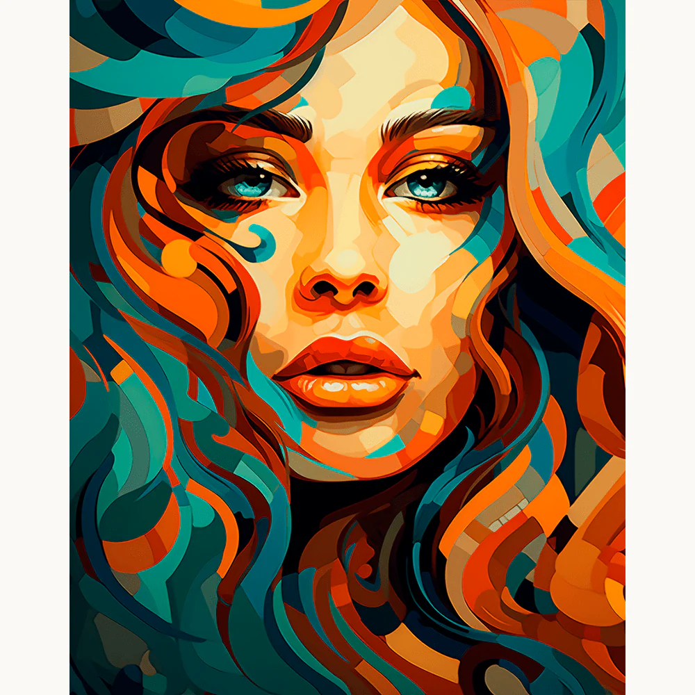 Electric Muse Paint By Numbers portrait showing a vibrant abstract painting of a woman's face with teal, orange, and gold flowing hair in bold brushstrokes