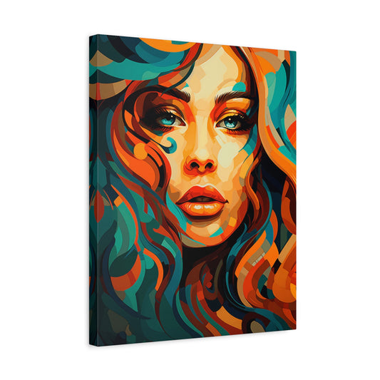 Electric Muse Paint By Numbers portrait showing a vibrant abstract painting of a woman's face with teal, orange, and gold flowing hair in bold brushstrokes in a frame.