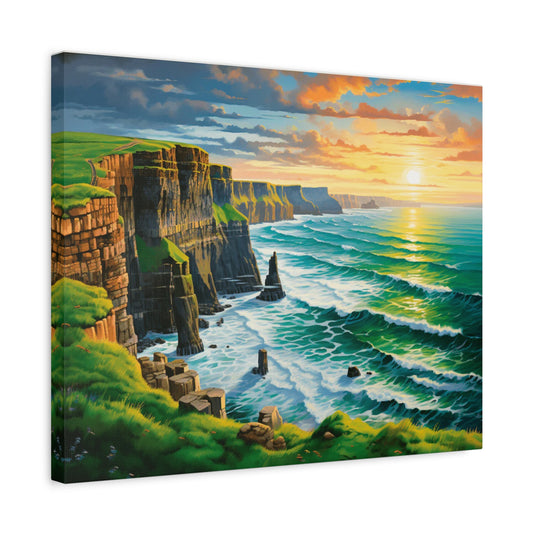 Eternal Horizon Paint By Numbers Kit featuring ocean cliffs at sunset with golden waves and dramatic skies in a peaceful landscape setting shown in a frame