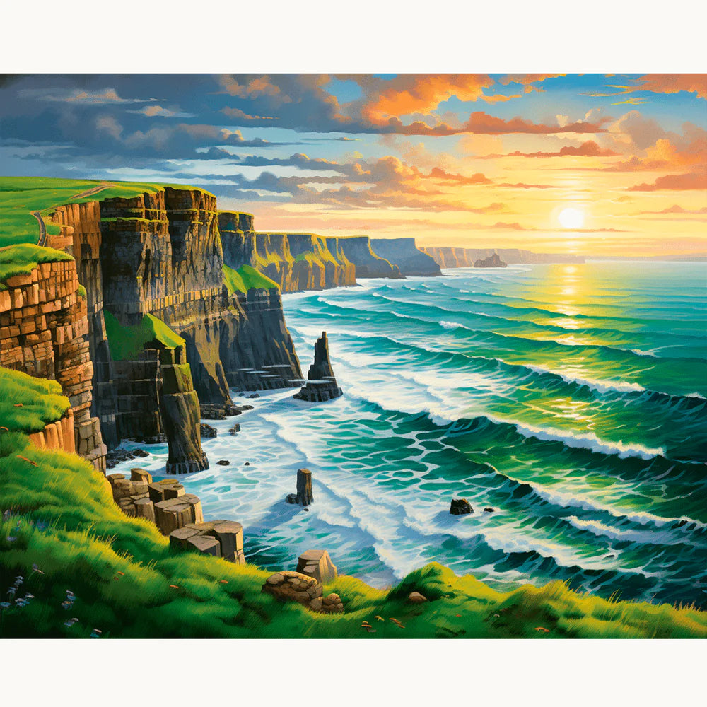 Eternal Horizon Paint By Numbers Kit featuring ocean cliffs at sunset with golden waves and dramatic skies in a peaceful landscape setting