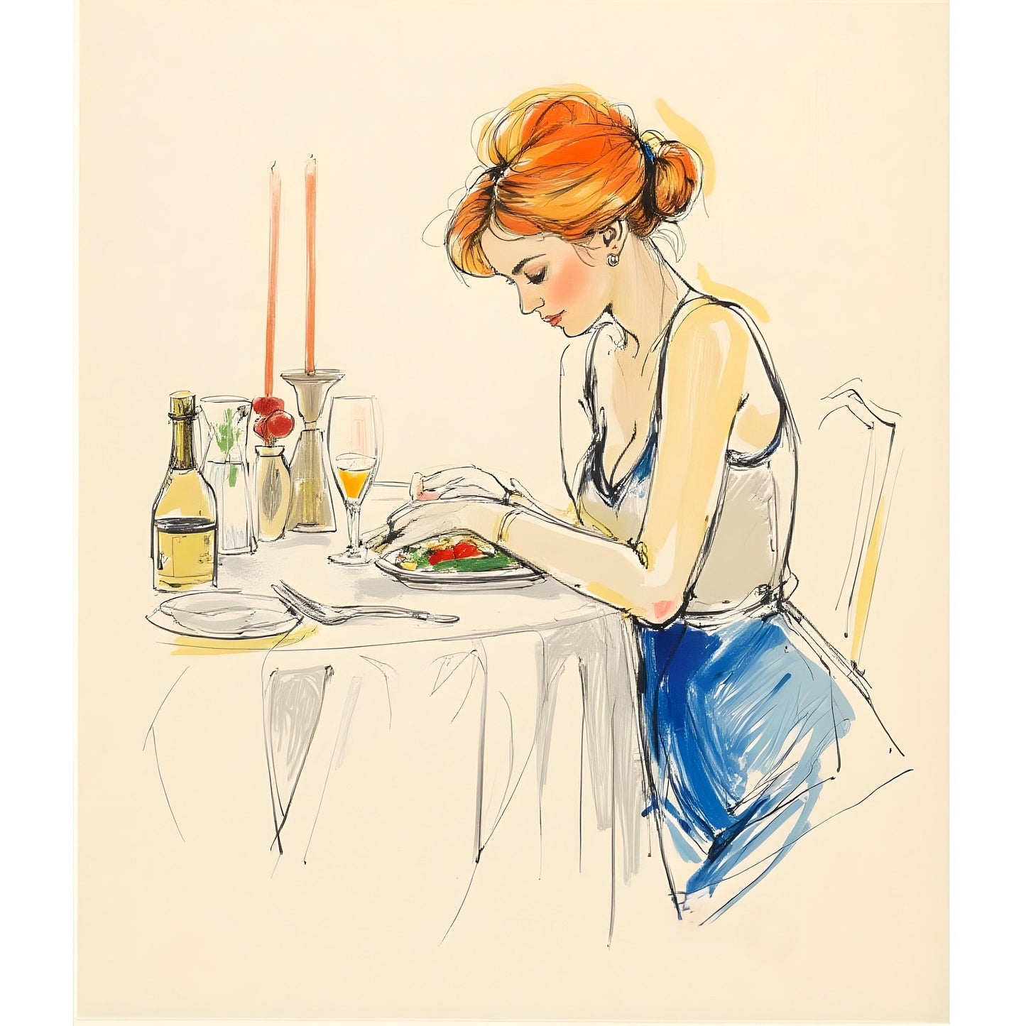 Minimalist illustration of a red-haired woman dining alone at a candlelit table with wine and food, ideal for Paint By Numbers artists in Canada.