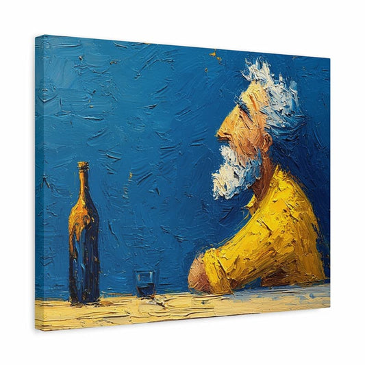 Painting of a man in a yellow suit sitting at a table with a bottle and glass against a blue background
