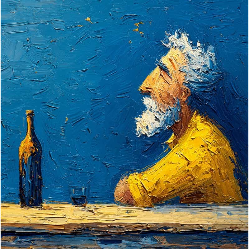 Painting of a man sitting at a table with a bottle and glass, against a blue background.
