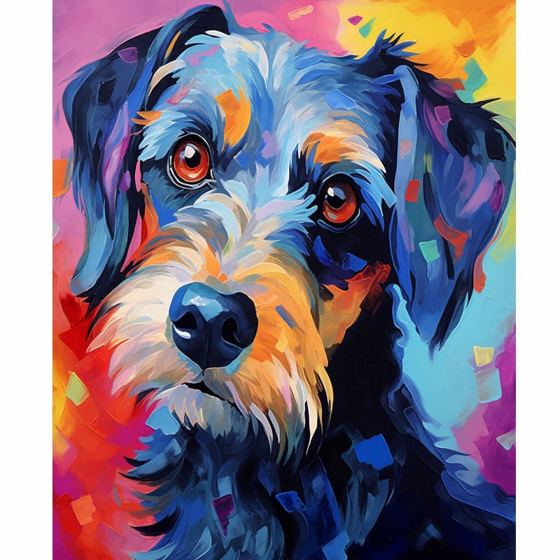 Colorful pop-art style portrait of a dog with expressive reddish-brown eyes, painted in bold blue, orange, yellow, and pink brushstrokes against a vibrant abstract background.