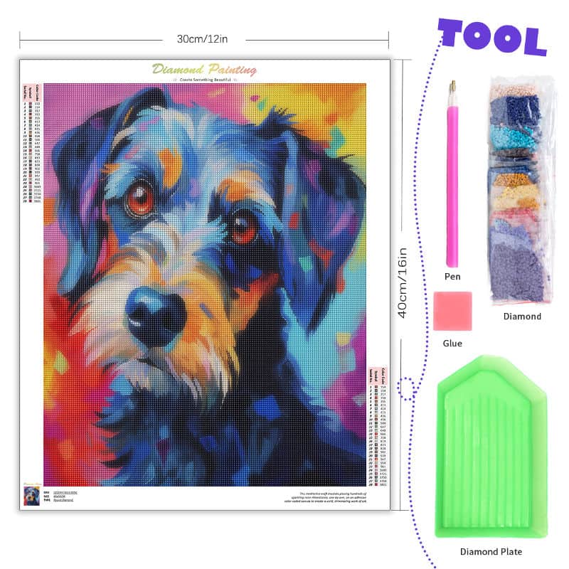 Colorful dog painting with diamond painting tools on a white background