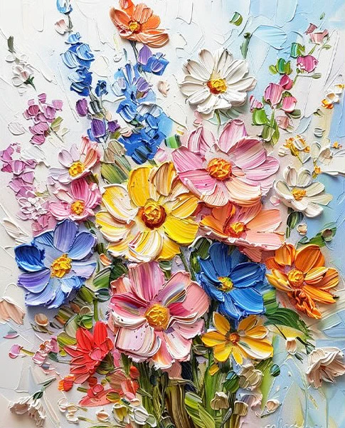 Festival of Blooms Paint By Numbers kit featuring vibrant pink, yellow, blue, orange, red, and white 3D textured flowers in a dynamic, festive bouquet against a light pastel background, perfect for Canadian artists.