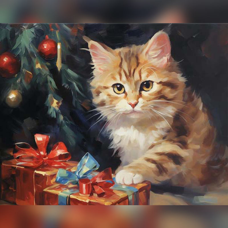 Festive Kitten Paint By Numbers kit with golden tabby cat beside Christmas gifts and decorated holiday tree.