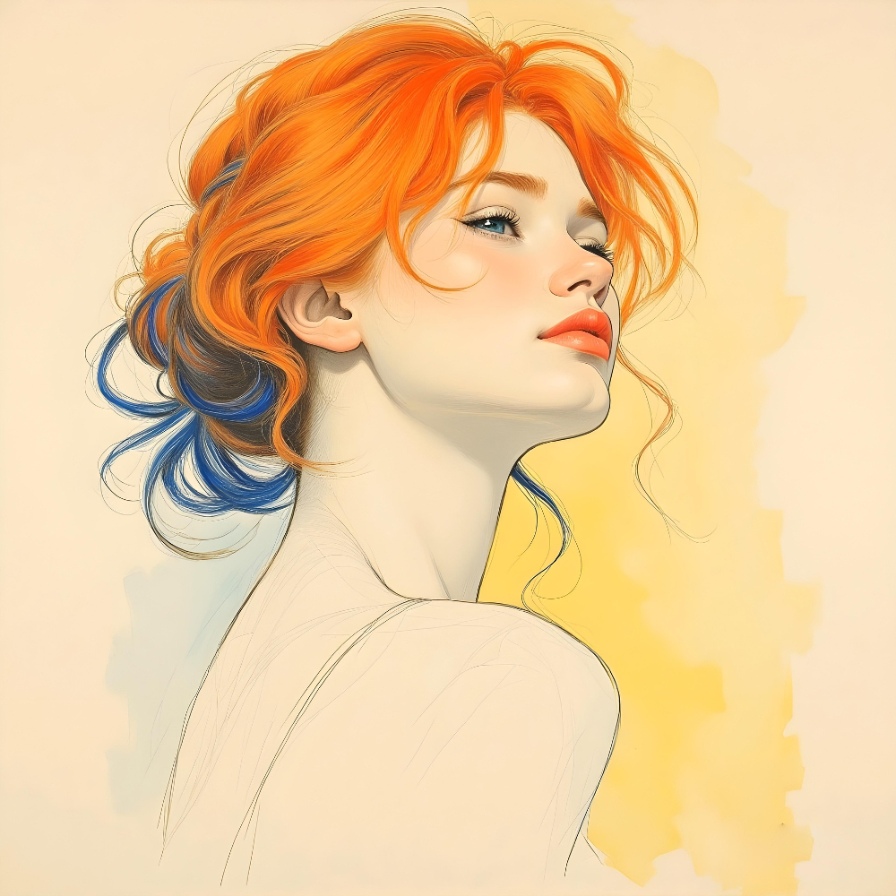 Minimalistic portrait of a woman with vivid orange and blue hair, looking upward with elegance, featured in a bold and serene Paint By Numbers for Canadian artists.